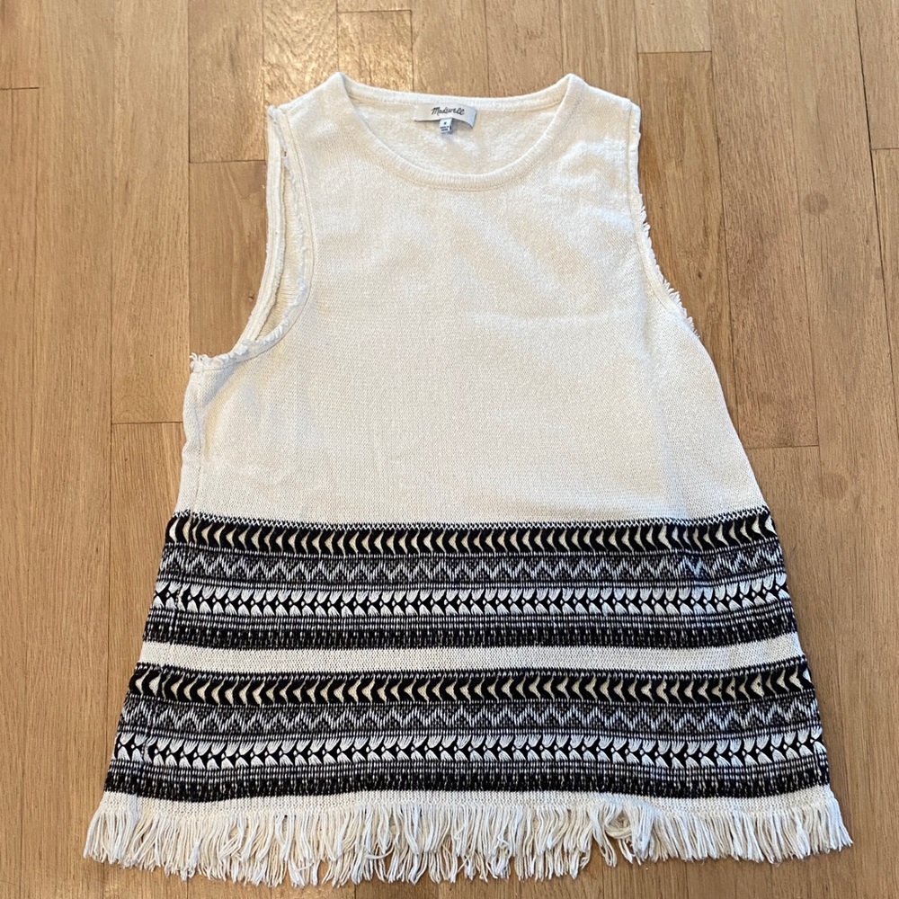 Madewell Cream and Black Patterned Fringe Top